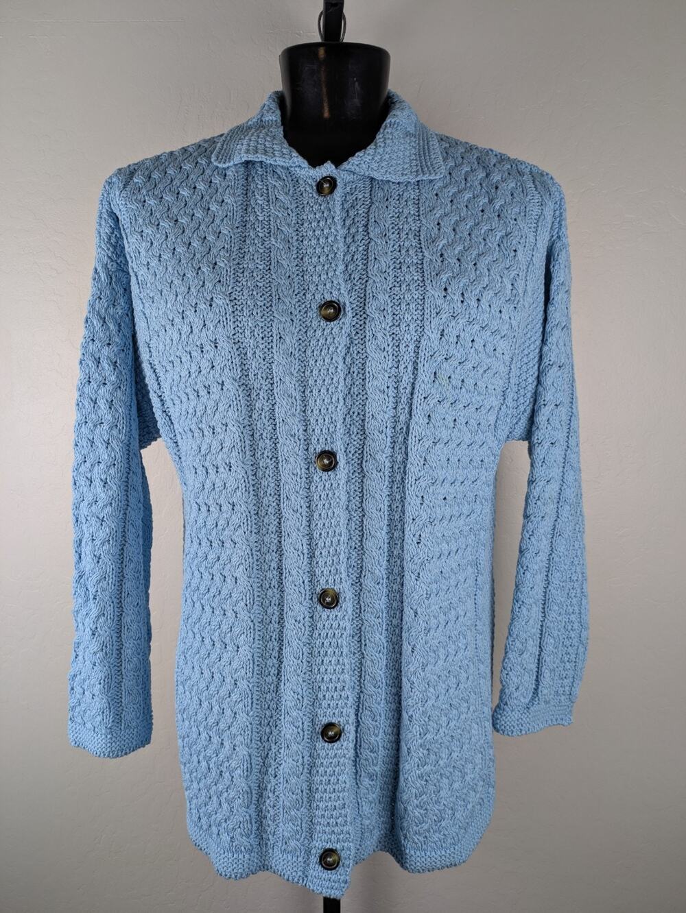 Aran Crafts blue button front cardigan sweater cotton blend cable knit